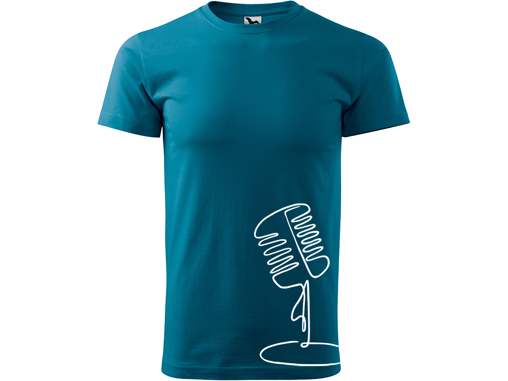 Ručně malované pánské bavlněné tričko - Jednotahový Retro Mikrofon - 2 Barva trička: PETROLEJOVÁ, Velikost trička: XL, Barva motivu: BÍLÁ