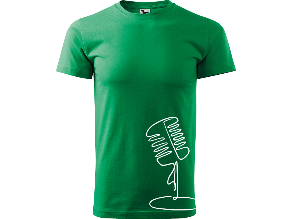 Ručně malované pánské bavlněné tričko - Jednotahový Retro Mikrofon - 2 Barva trička: STŘEDNĚ ZELENÁ, Velikost trička: XL, Barva motivu: BÍLÁ
