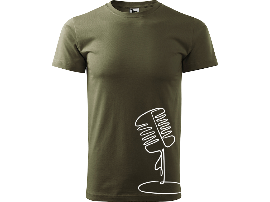 Ručně malované pánské bavlněné tričko - Jednotahový Retro Mikrofon - 2 Barva trička: ARMY, Velikost trička: XS, Barva motivu: BÍLÁ