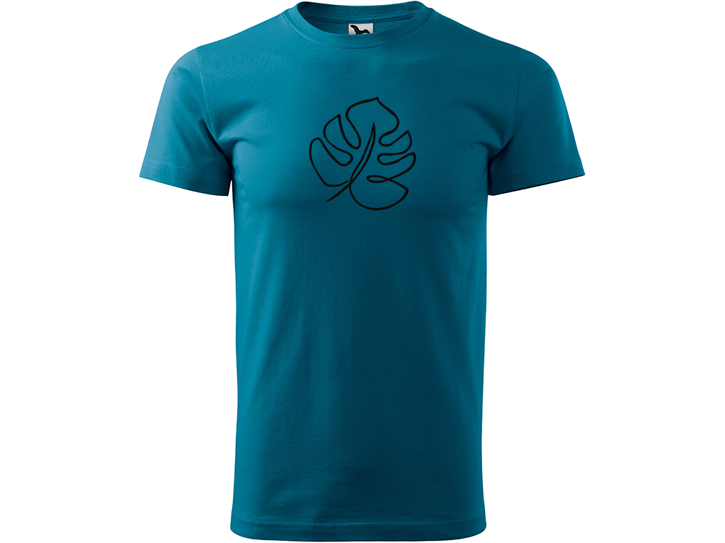 Ručně malované pánské bavlněné tričko - Jednotahová Monstera Barva trička: PETROLEJOVÁ, Velikost trička: XS, Barva motivu: ČERNÁ
