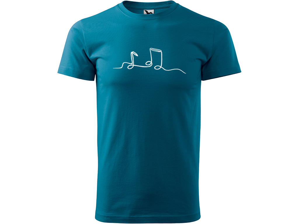 Ručně malované pánské bavlněné tričko - Jednotahové Noty Barva trička: PETROLEJOVÁ, Velikost trička: L, Barva motivu: BÍLÁ