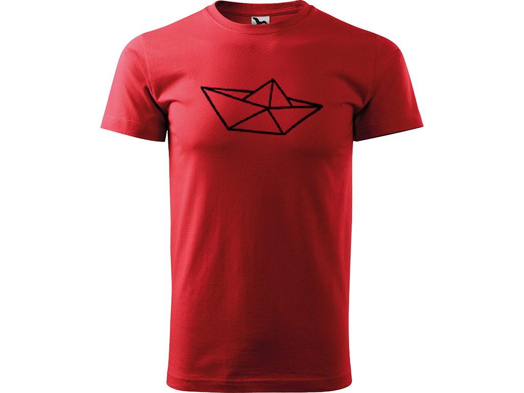 Ručně malované pánské bavlněné tričko - Papírová Loďka - 1 Barva trička: ČERVENÁ, Velikost trička: XL, Barva motivu: ČERNÁ