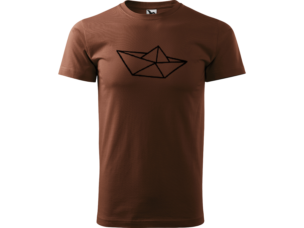 Ručně malované pánské bavlněné tričko - Papírová Loďka - 1 Barva trička: ČOKOLÁDOVÁ, Velikost trička: L, Barva motivu: ČERNÁ