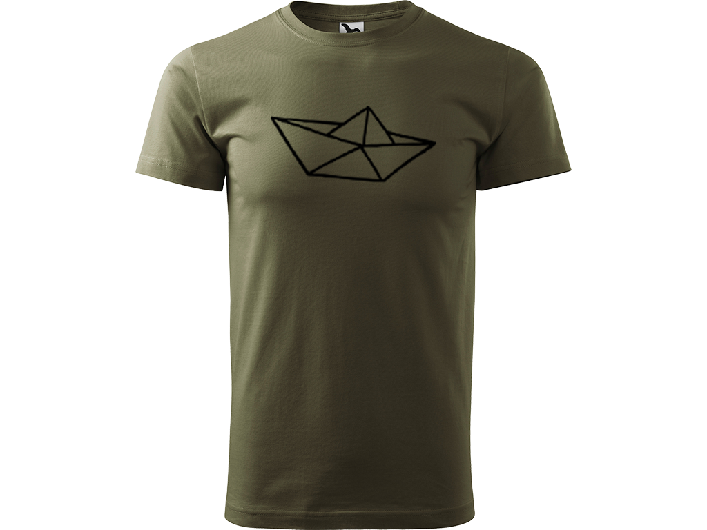 Ručně malované pánské bavlněné tričko - Papírová Loďka - 1 Barva trička: ARMY, Velikost trička: L, Barva motivu: ČERNÁ