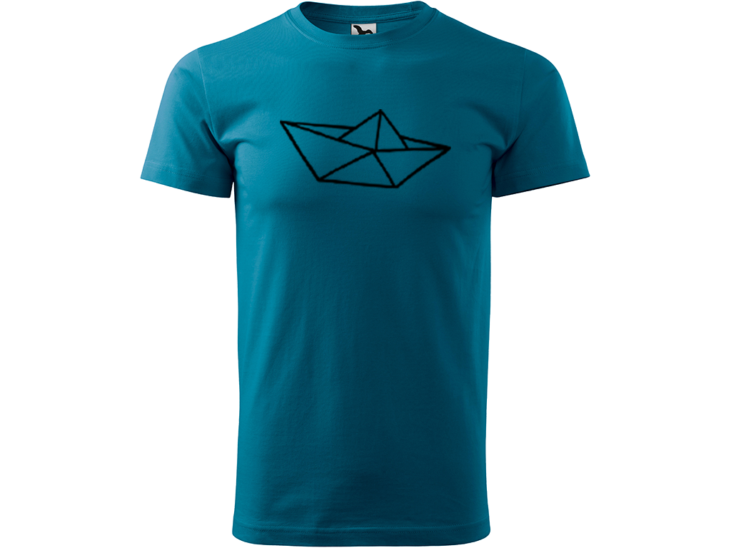 Ručně malované pánské bavlněné tričko - Papírová Loďka - 1 Barva trička: PETROLEJOVÁ, Velikost trička: XL, Barva motivu: ČERNÁ