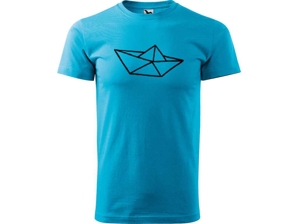 Ručně malované pánské bavlněné tričko - Papírová Loďka - 1 Barva trička: TYRKYSOVÁ, Velikost trička: S, Barva motivu: ČERNÁ