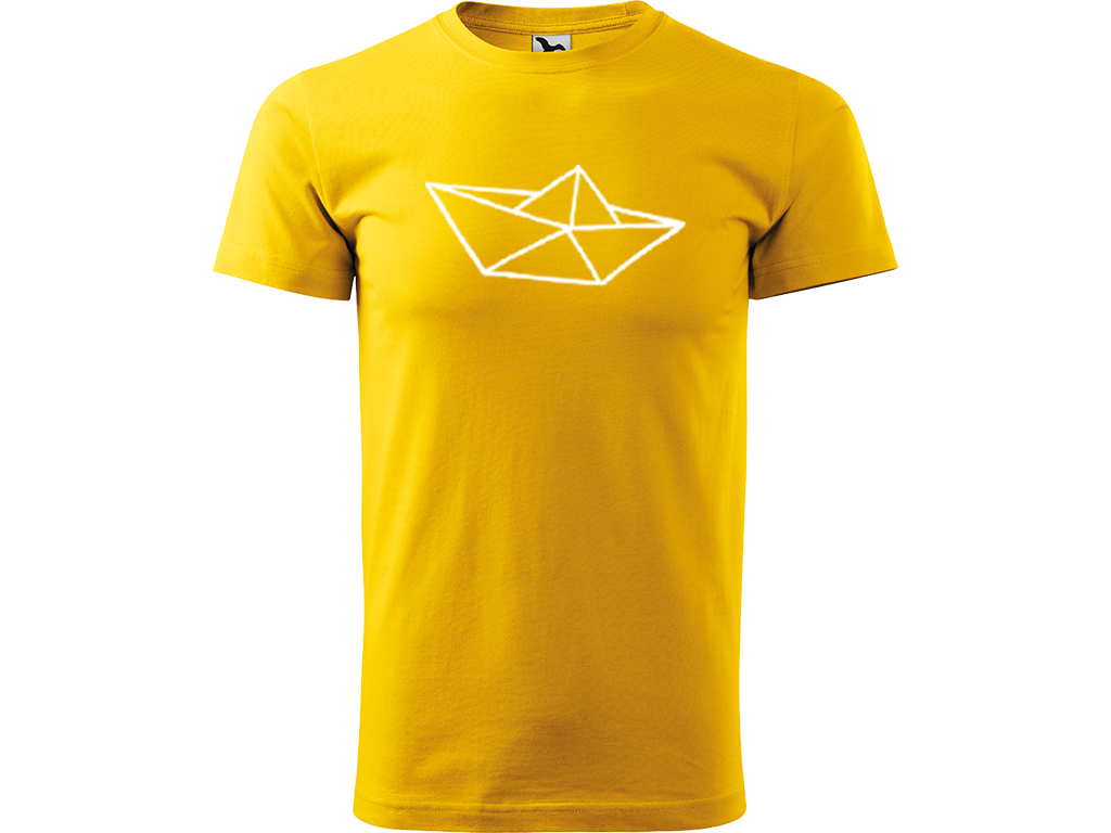Ručně malované pánské bavlněné tričko - Papírová Loďka - 1 Barva trička: ŽLUTÁ, Velikost trička: XXL, Barva motivu: BÍLÁ