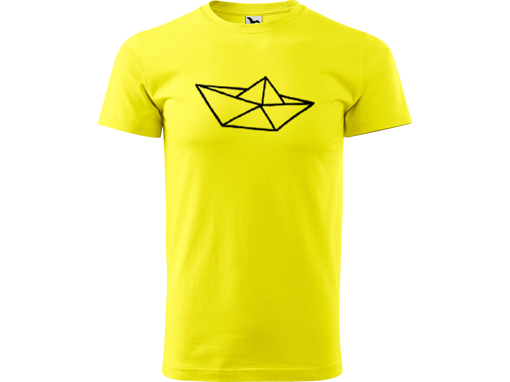 Ručně malované pánské bavlněné tričko - Papírová Loďka - 1 Barva trička: CITRONOVÁ, Velikost trička: XL, Barva motivu: ČERNÁ