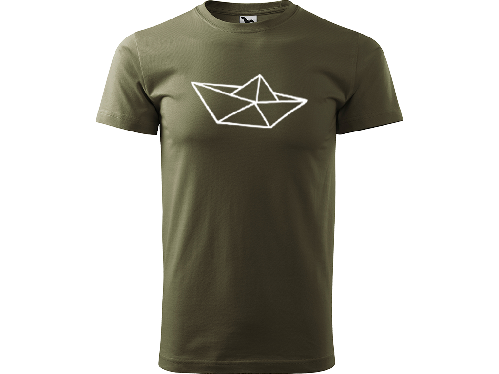 Ručně malované pánské bavlněné tričko - Papírová Loďka - 1 Barva trička: ARMY, Velikost trička: L, Barva motivu: BÍLÁ