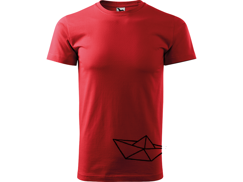 Ručně malované pánské bavlněné tričko - Papírová Loďka - 2 Barva trička: ČERVENÁ, Velikost trička: XL, Barva motivu: ČERNÁ