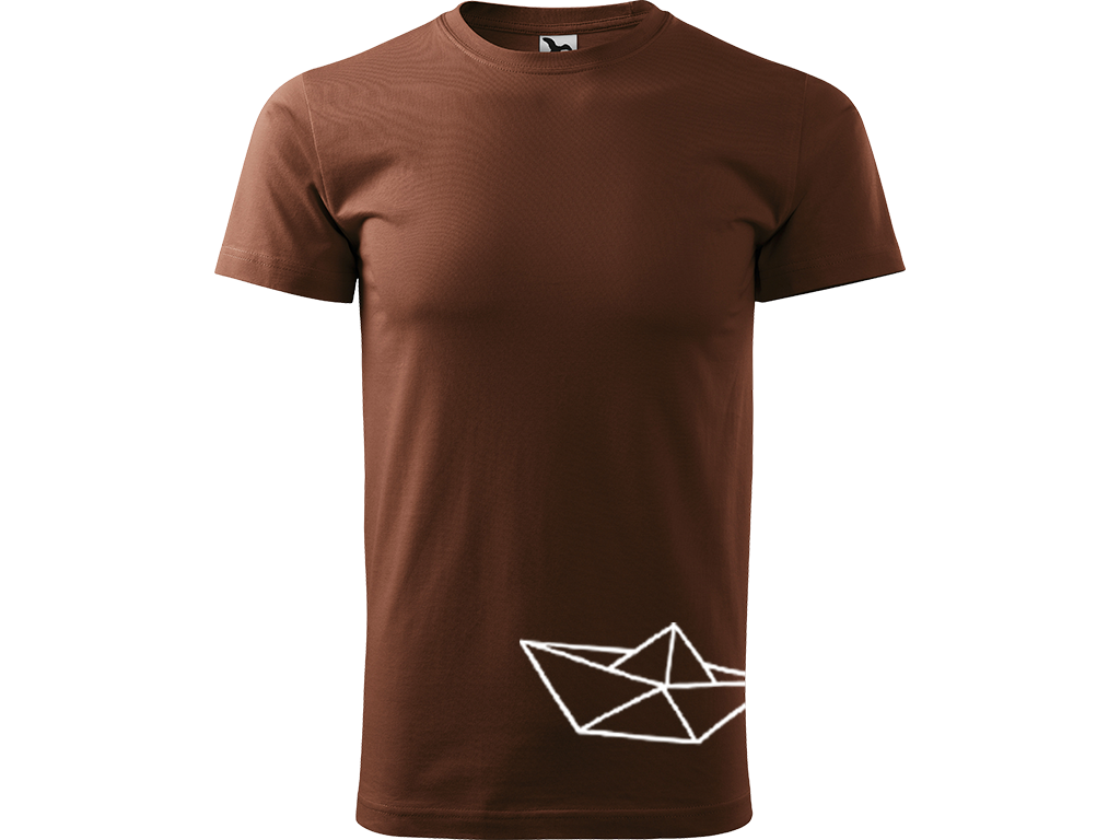 Ručně malované pánské bavlněné tričko - Papírová Loďka - 2 Barva trička: ČOKOLÁDOVÁ, Velikost trička: L, Barva motivu: BÍLÁ
