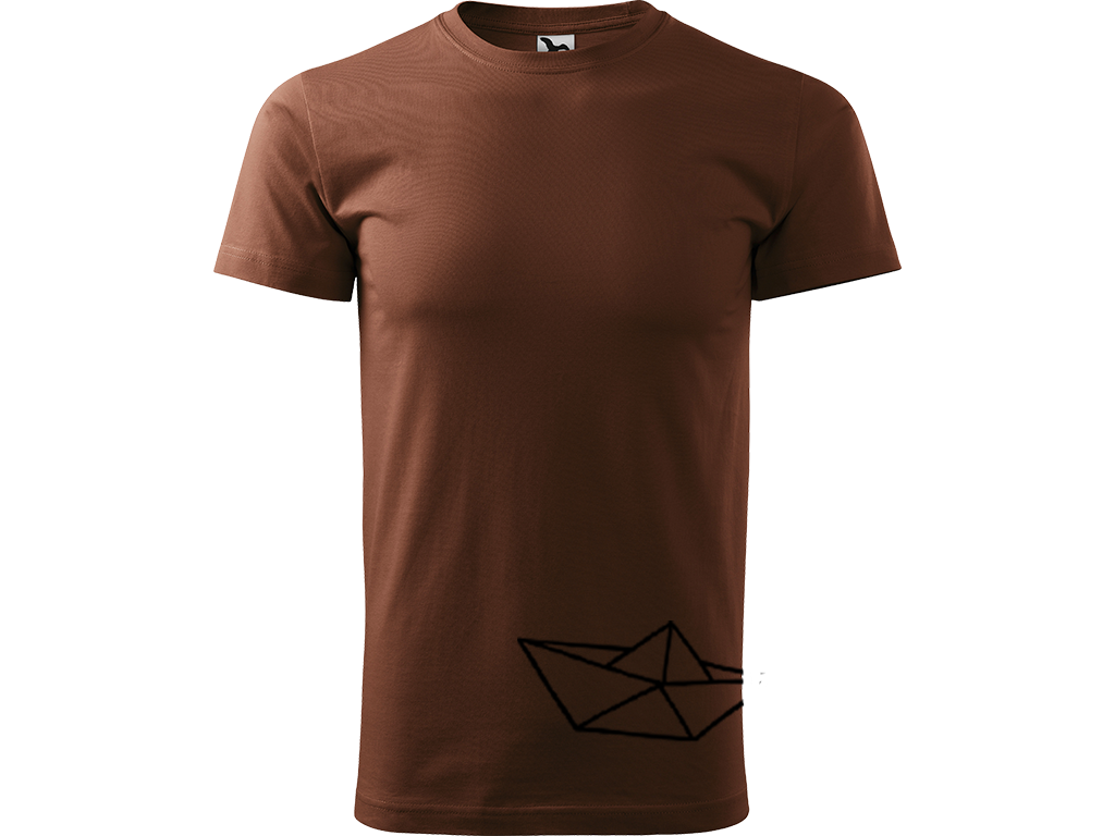 Ručně malované pánské bavlněné tričko - Papírová Loďka - 2 Barva trička: ČOKOLÁDOVÁ, Velikost trička: M, Barva motivu: ČERNÁ