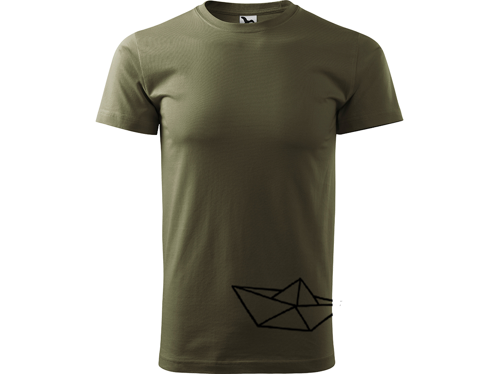Ručně malované pánské bavlněné tričko - Papírová Loďka - 2 Barva trička: ARMY, Velikost trička: M, Barva motivu: ČERNÁ