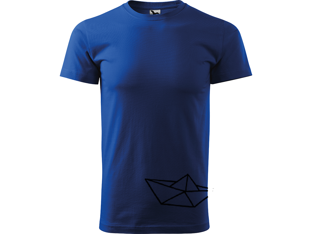 Ručně malované pánské bavlněné tričko - Papírová Loďka - 2 Barva trička: MODRÁ, Velikost trička: S, Barva motivu: ČERNÁ