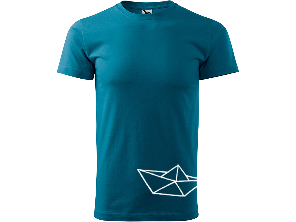 Ručně malované pánské bavlněné tričko - Papírová Loďka - 2 Barva trička: PETROLEJOVÁ, Velikost trička: XL, Barva motivu: BÍLÁ