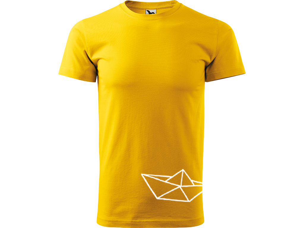 Ručně malované pánské bavlněné tričko - Papírová Loďka - 2 Barva trička: ŽLUTÁ, Velikost trička: XXL, Barva motivu: BÍLÁ