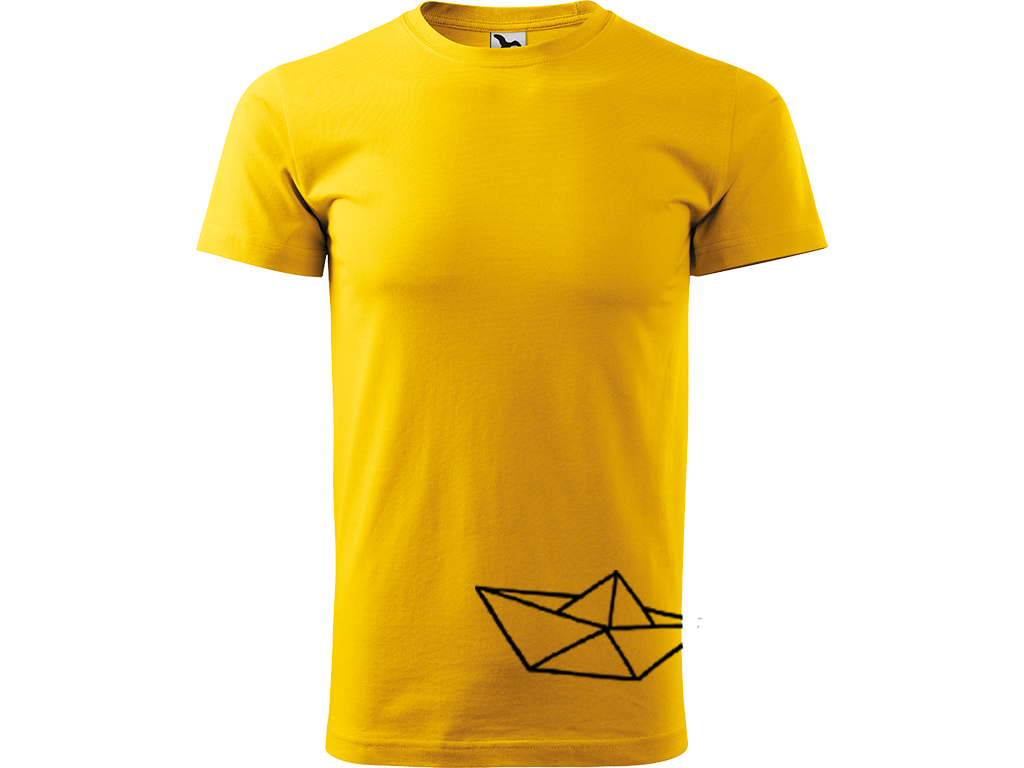 Ručně malované pánské bavlněné tričko - Papírová Loďka - 2 Barva trička: ŽLUTÁ, Velikost trička: S, Barva motivu: ČERNÁ