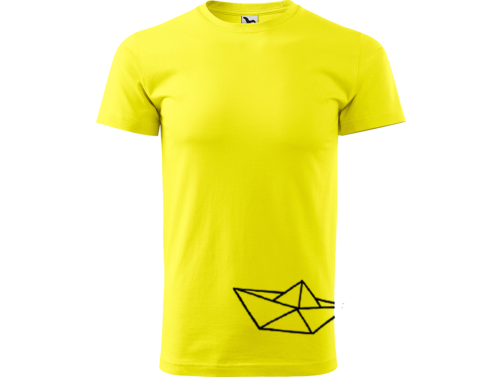 Ručně malované pánské bavlněné tričko - Papírová Loďka - 2 Barva trička: CITRONOVÁ, Velikost trička: S, Barva motivu: ČERNÁ