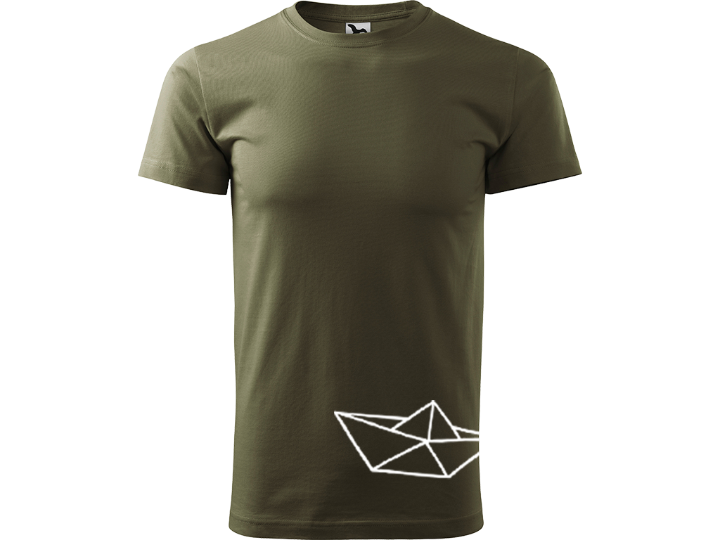 Ručně malované pánské bavlněné tričko - Papírová Loďka - 2 Barva trička: ARMY, Velikost trička: M, Barva motivu: BÍLÁ