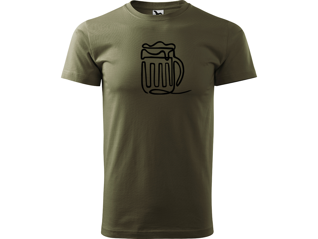 Ručně malované pánské bavlněné tričko - Jednotahové Pivo Barva trička: ARMY, Velikost trička: L, Barva motivu: ČERNÁ