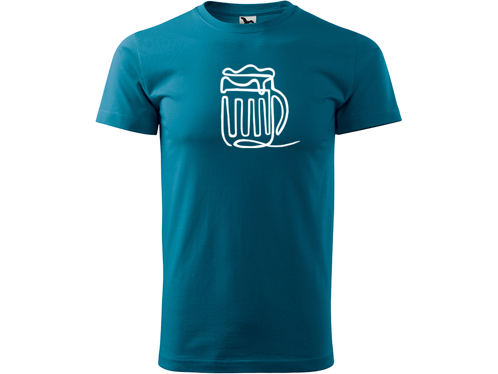 Ručně malované pánské bavlněné tričko - Jednotahové Pivo Barva trička: PETROLEJOVÁ, Velikost trička: XL, Barva motivu: BÍLÁ