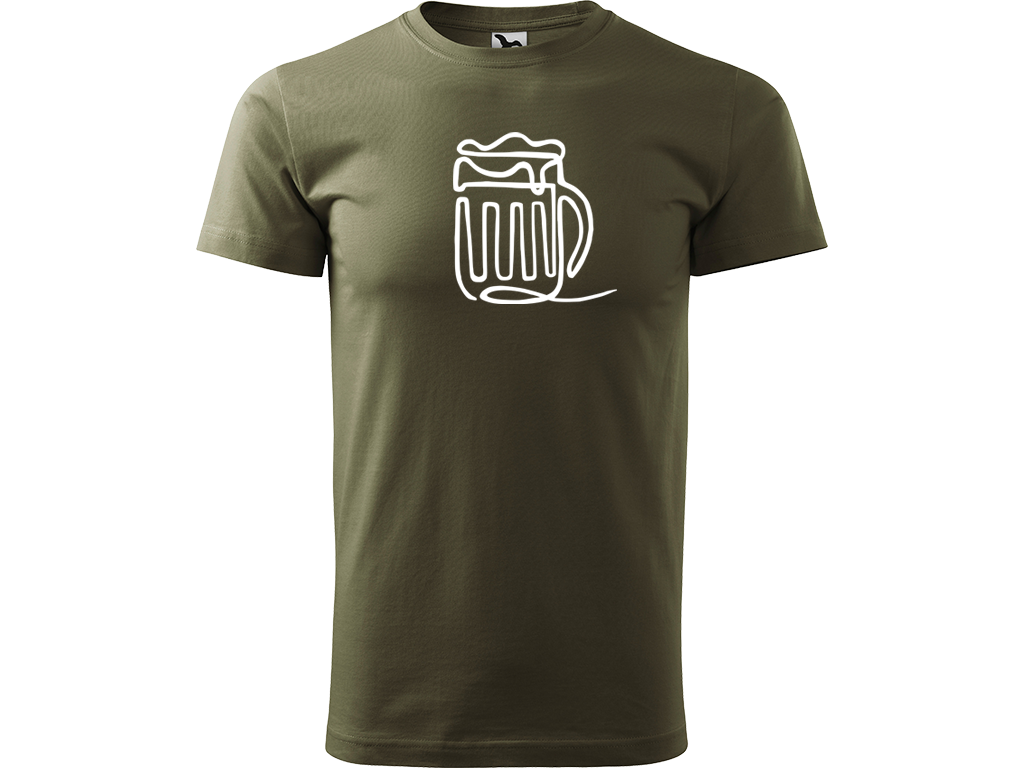 Ručně malované pánské bavlněné tričko - Jednotahové Pivo Barva trička: ARMY, Velikost trička: XL, Barva motivu: BÍLÁ