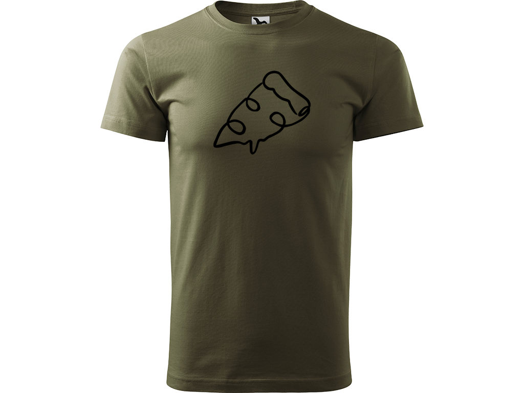 Ručně malované pánské bavlněné tričko - Jednotahová Pizza Barva trička: ARMY, Velikost trička: XL, Barva motivu: ČERNÁ