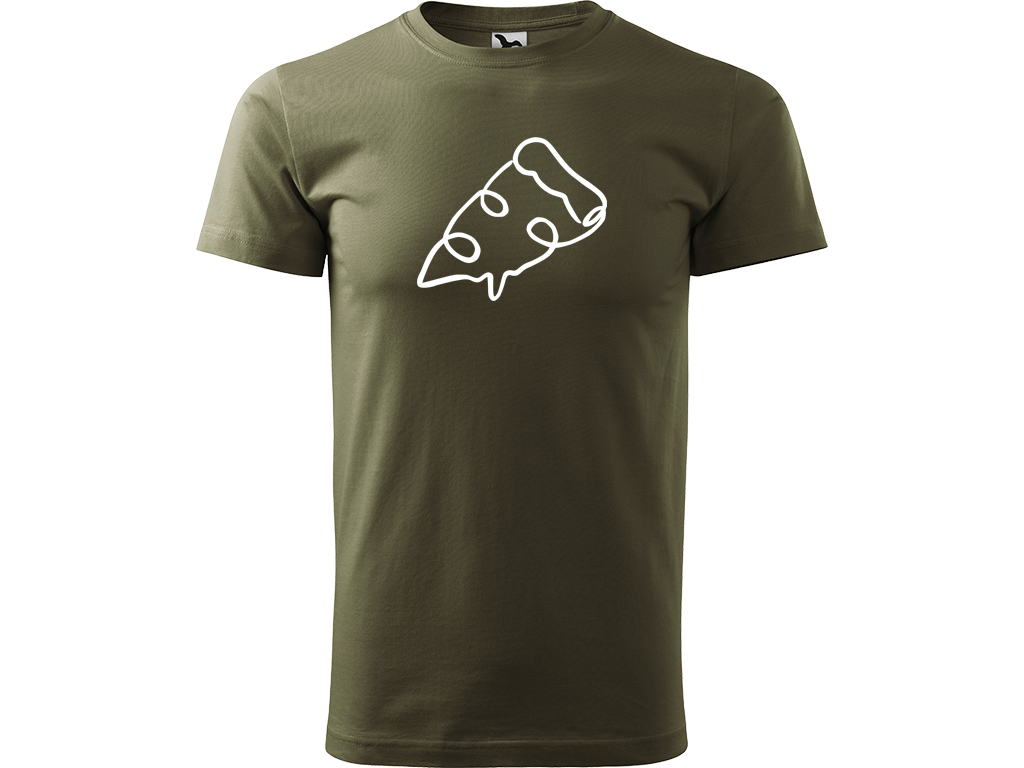 Ručně malované pánské bavlněné tričko - Jednotahová Pizza Barva trička: ARMY, Velikost trička: XL, Barva motivu: BÍLÁ