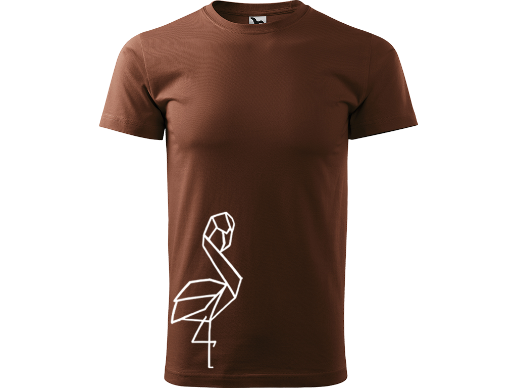 Ručně malované pánské bavlněné tričko - Plameňák Barva trička: ČOKOLÁDOVÁ, Velikost trička: XS, Barva motivu: BÍLÁ