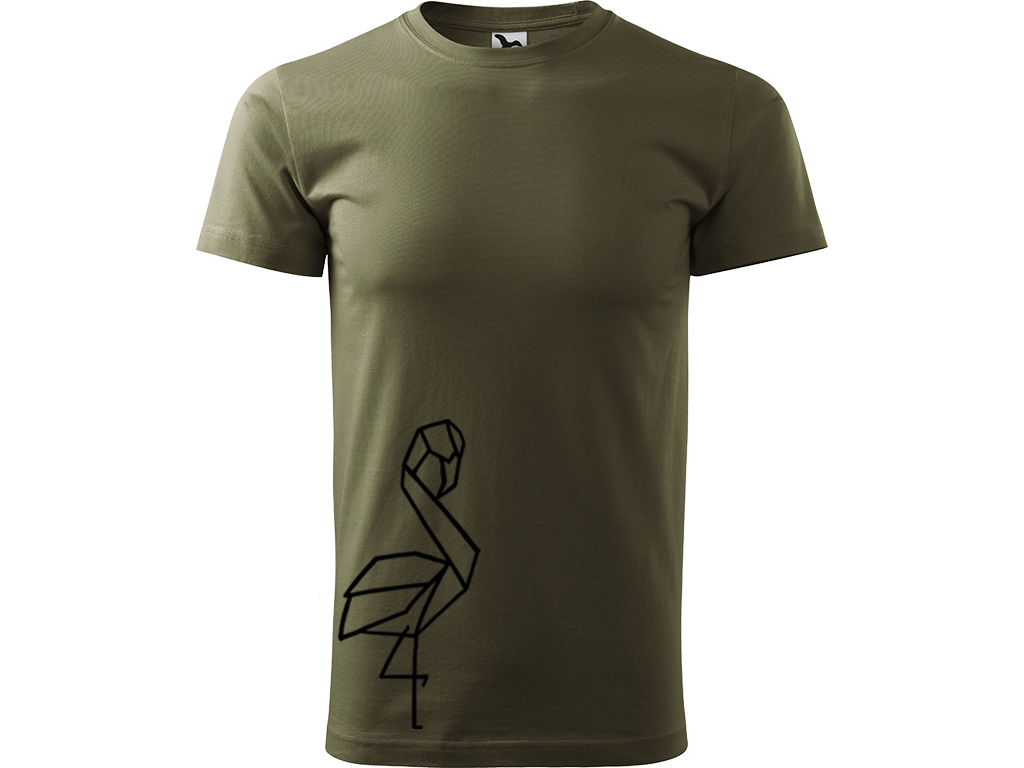 Ručně malované pánské bavlněné tričko - Plameňák Barva trička: ARMY, Velikost trička: L, Barva motivu: ČERNÁ