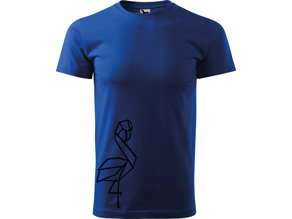 Ručně malované pánské bavlněné tričko - Plameňák Barva trička: MODRÁ, Velikost trička: XS, Barva motivu: ČERNÁ