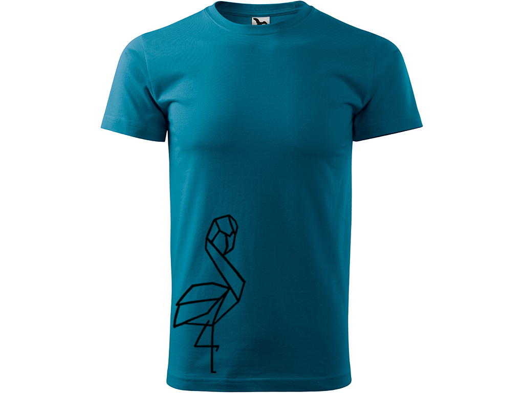 Ručně malované pánské bavlněné tričko - Plameňák Barva trička: PETROLEJOVÁ, Velikost trička: XS, Barva motivu: ČERNÁ