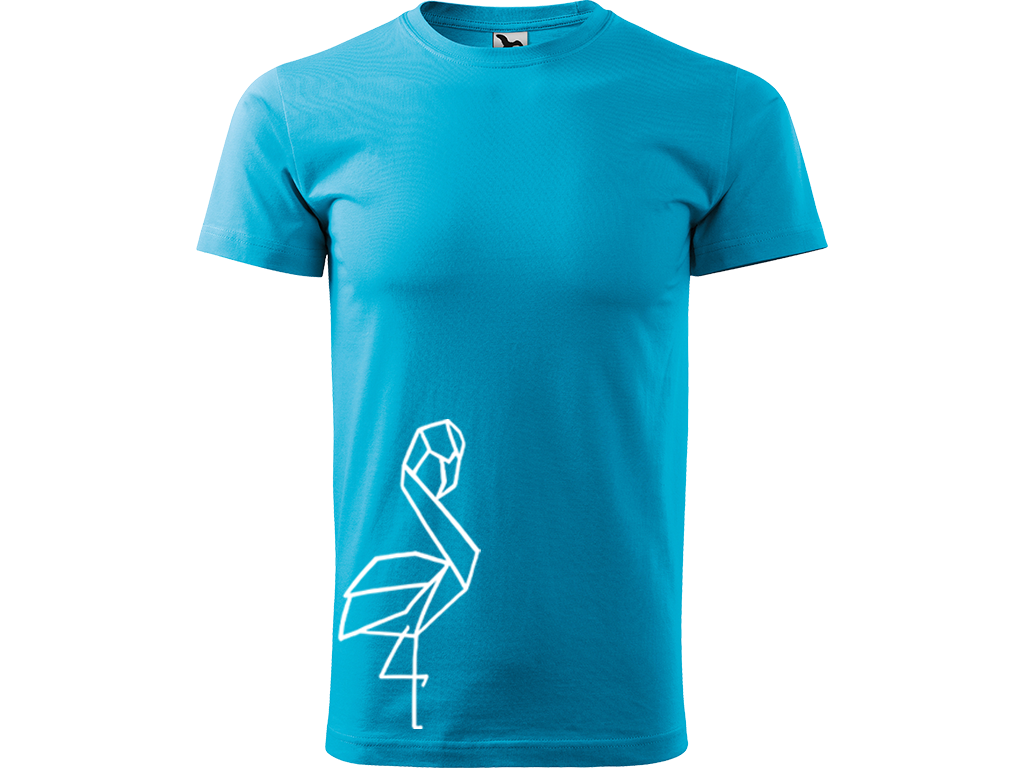Ručně malované pánské bavlněné tričko - Plameňák Barva trička: TYRKYSOVÁ, Velikost trička: XXL, Barva motivu: BÍLÁ