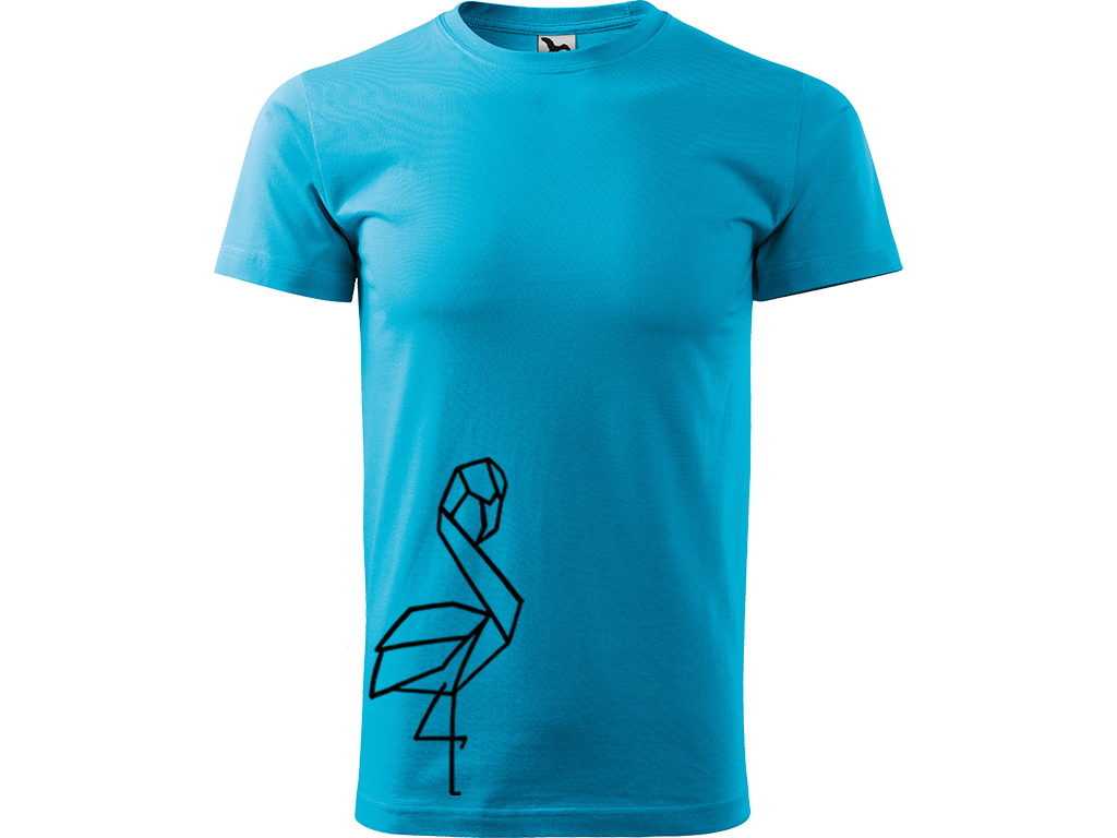 Ručně malované pánské bavlněné tričko - Plameňák Barva trička: TYRKYSOVÁ, Velikost trička: XS, Barva motivu: ČERNÁ