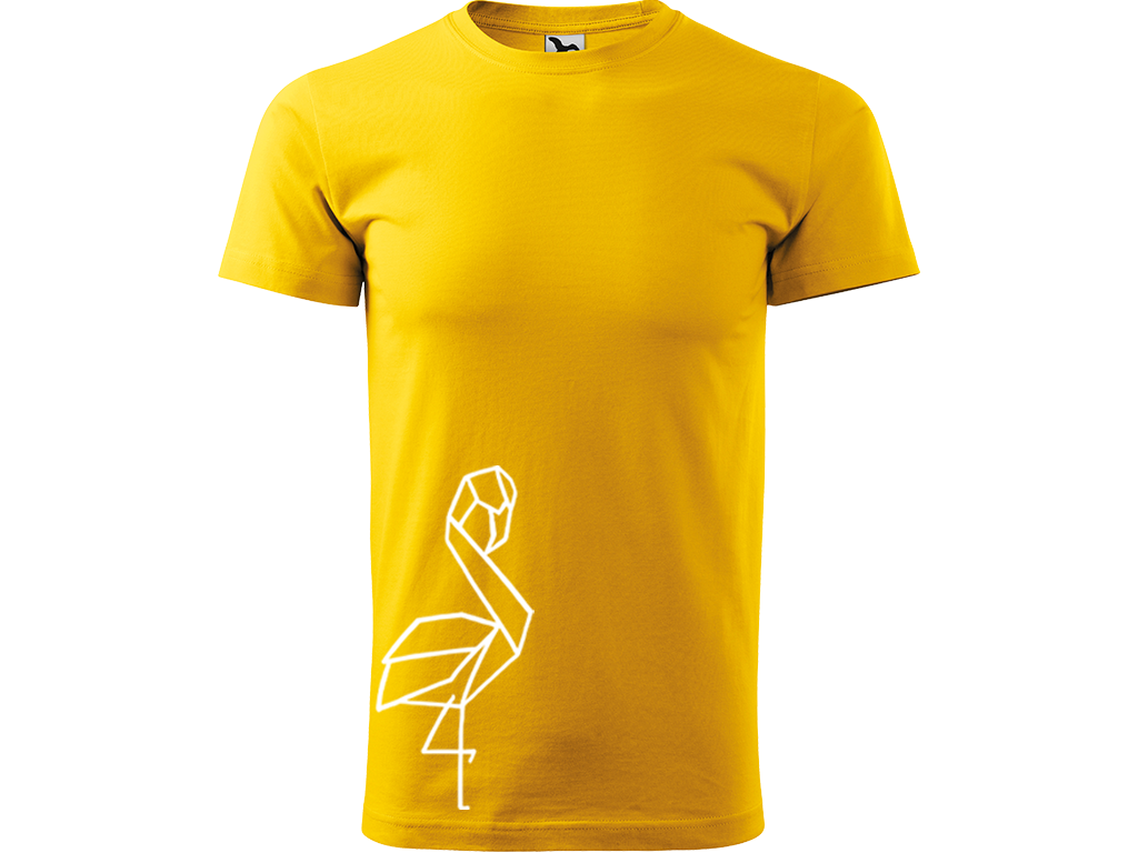 Ručně malované pánské bavlněné tričko - Plameňák Barva trička: ŽLUTÁ, Velikost trička: XS, Barva motivu: BÍLÁ