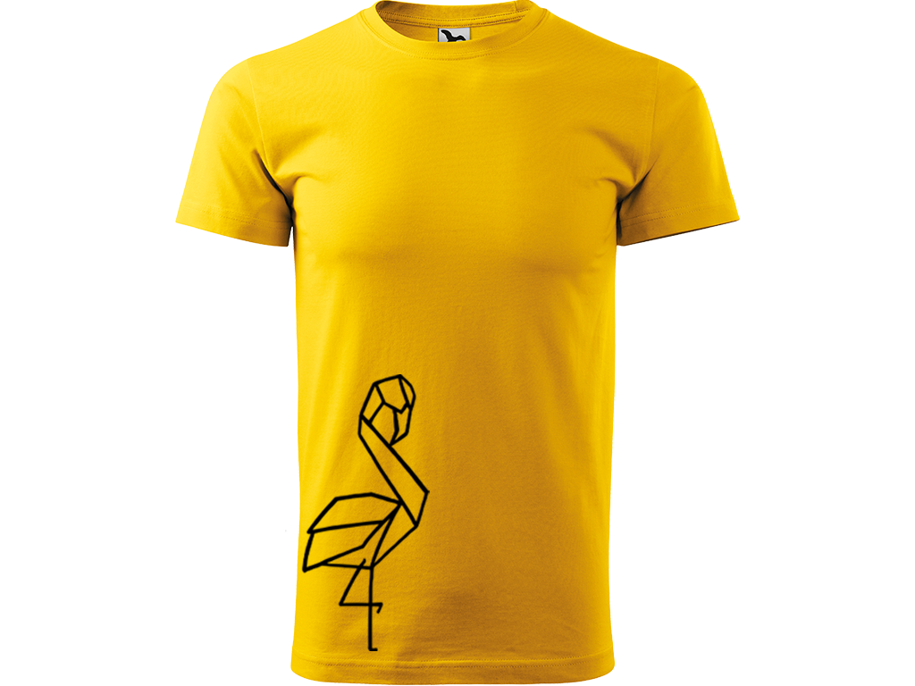 Ručně malované pánské bavlněné tričko - Plameňák Barva trička: ŽLUTÁ, Velikost trička: XS, Barva motivu: ČERNÁ