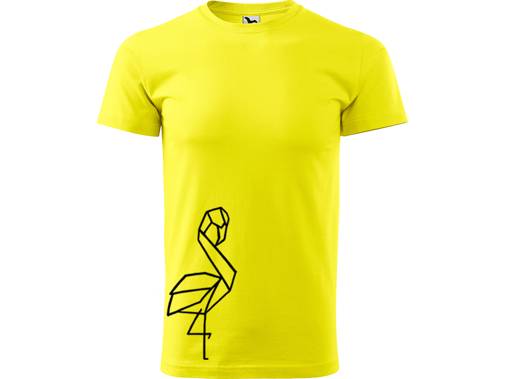 Ručně malované pánské bavlněné tričko - Plameňák Barva trička: CITRONOVÁ, Velikost trička: XS, Barva motivu: ČERNÁ