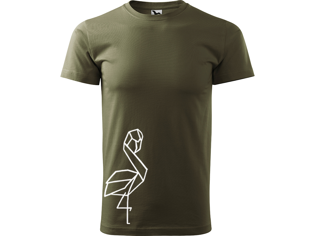 Ručně malované pánské bavlněné tričko - Plameňák Barva trička: ARMY, Velikost trička: M, Barva motivu: BÍLÁ