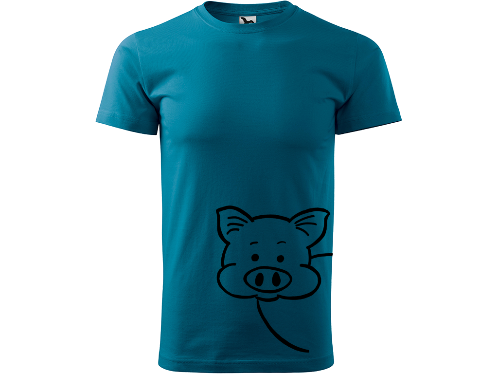Ručně malované pánské bavlněné tričko - Prasátko Barva trička: PETROLEJOVÁ, Velikost trička: XL, Barva motivu: ČERNÁ