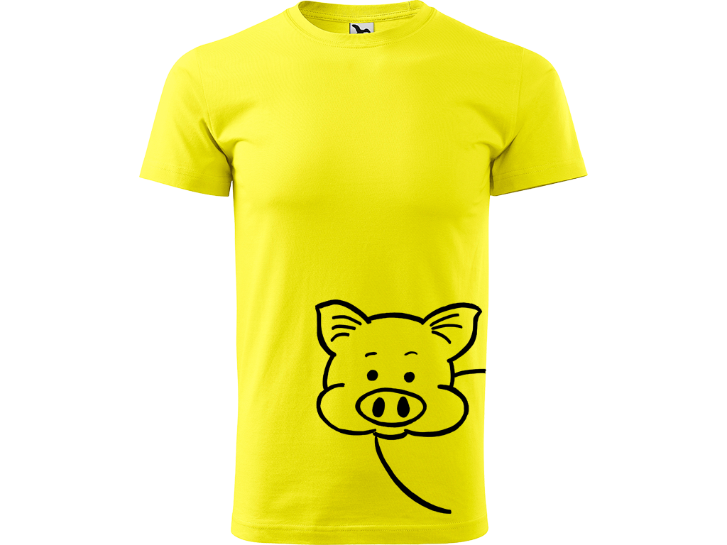 Ručně malované pánské bavlněné tričko - Prasátko Barva trička: CITRONOVÁ, Velikost trička: S, Barva motivu: ČERNÁ