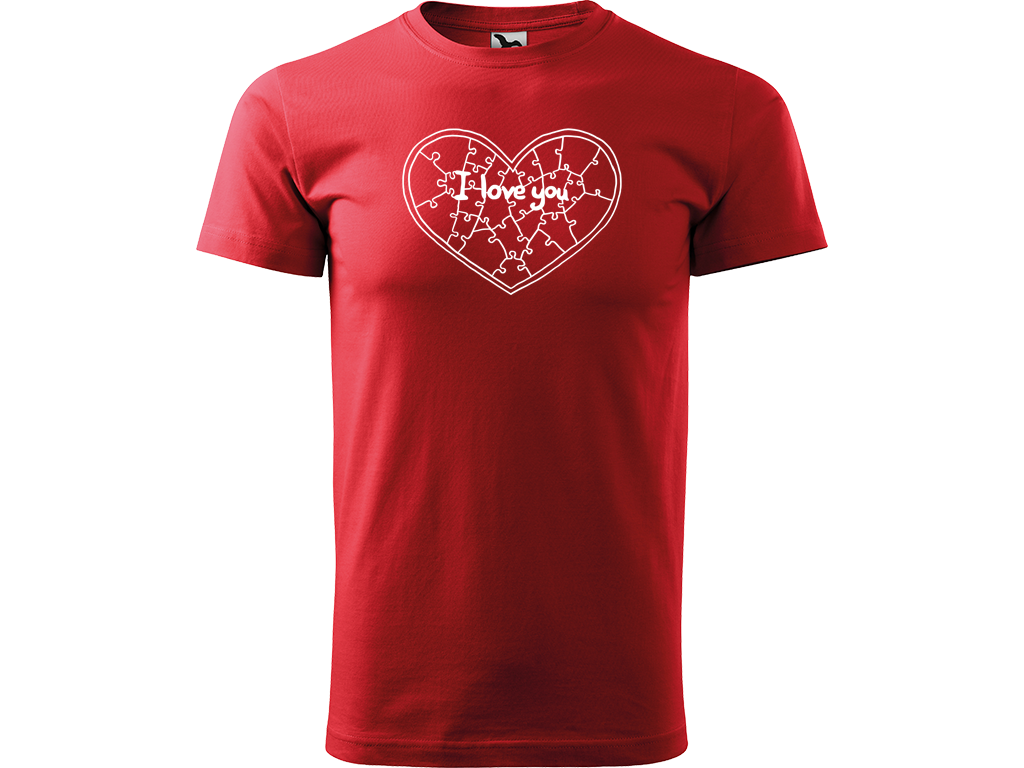 Ručně malované pánské bavlněné tričko - Puzzle Srdce Barva trička: ČERVENÁ, Velikost trička: XS, Barva motivu: BÍLÁ