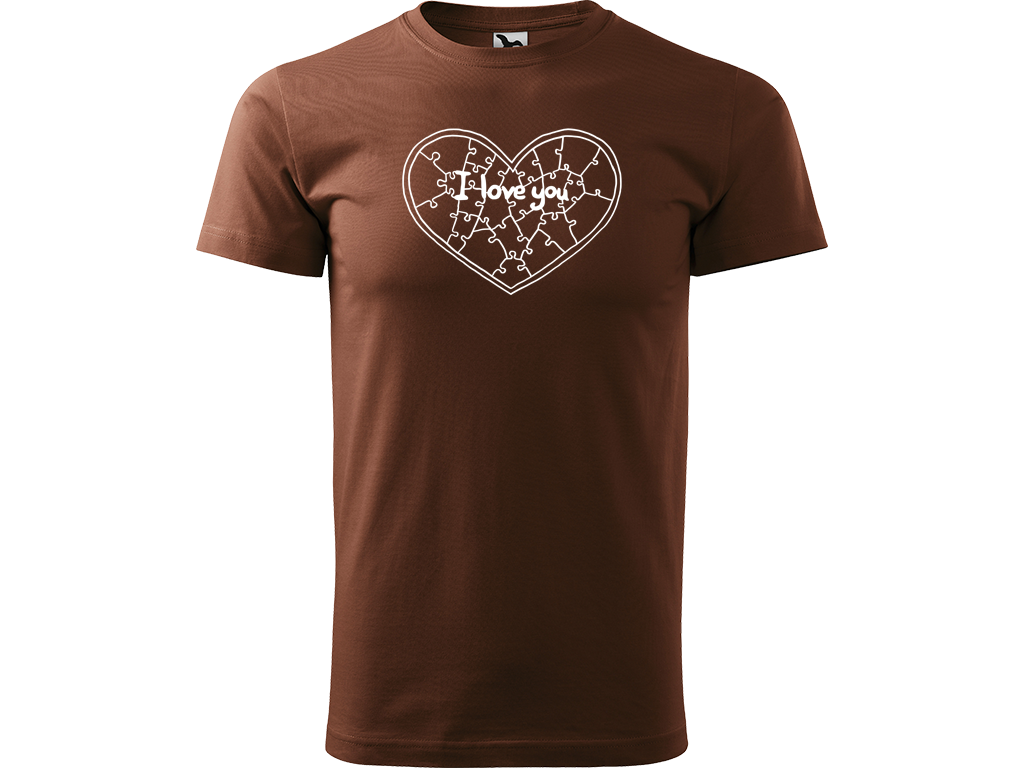 Ručně malované pánské bavlněné tričko - Puzzle Srdce Barva trička: ČOKOLÁDOVÁ, Velikost trička: XXL, Barva motivu: BÍLÁ