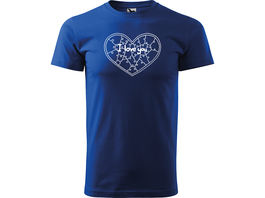 Ručně malované pánské bavlněné tričko - Puzzle Srdce Barva trička: MODRÁ, Velikost trička: XS, Barva motivu: BÍLÁ