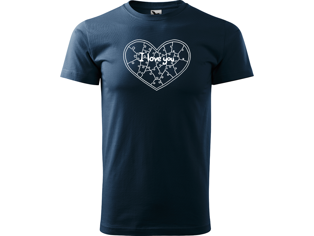 Ručně malované pánské bavlněné tričko - Puzzle Srdce Barva trička: NÁMOŘNICKÁ MODRÁ, Velikost trička: XL, Barva motivu: BÍLÁ
