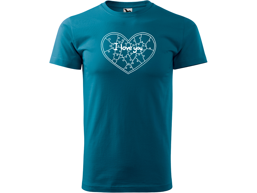 Ručně malované pánské bavlněné tričko - Puzzle Srdce Barva trička: PETROLEJOVÁ, Velikost trička: XXL, Barva motivu: BÍLÁ