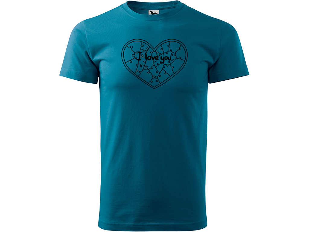Ručně malované pánské bavlněné tričko - Puzzle Srdce Barva trička: PETROLEJOVÁ, Velikost trička: XXL, Barva motivu: ČERNÁ
