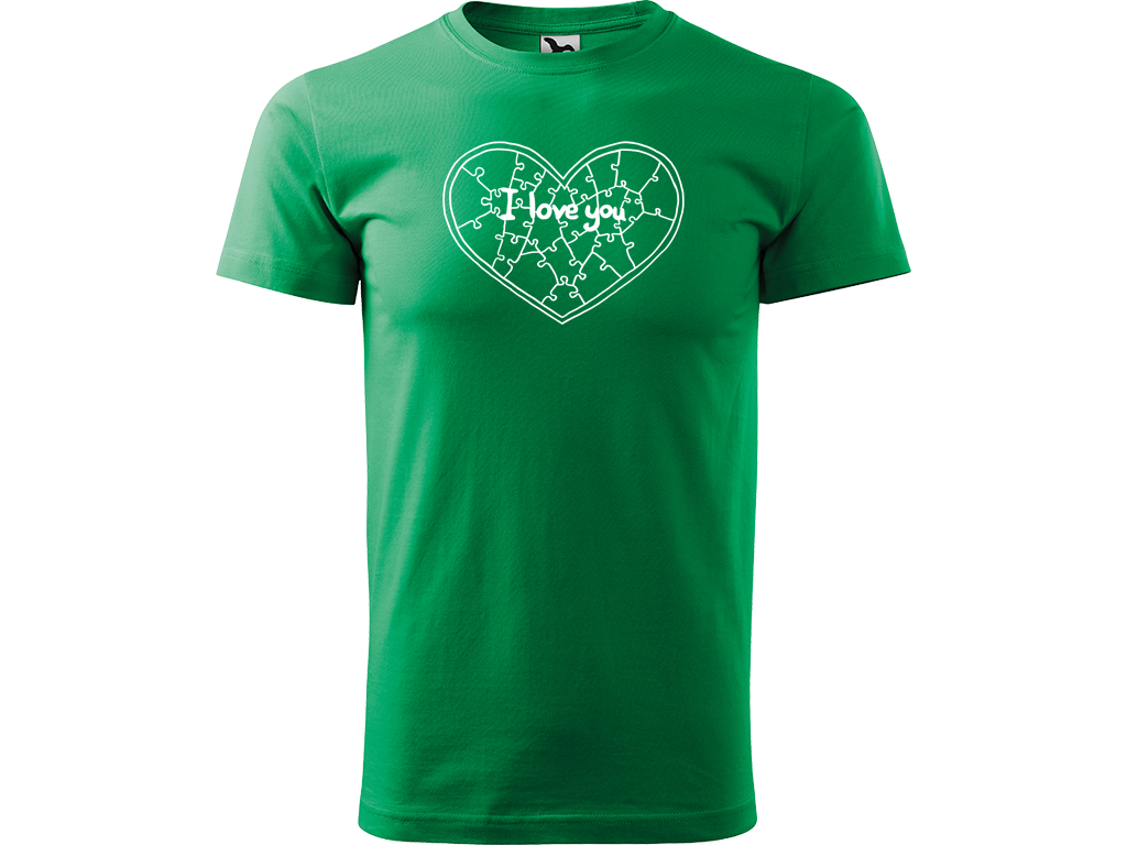 Ručně malované pánské bavlněné tričko - Puzzle Srdce Barva trička: STŘEDNĚ ZELENÁ, Velikost trička: M, Barva motivu: BÍLÁ
