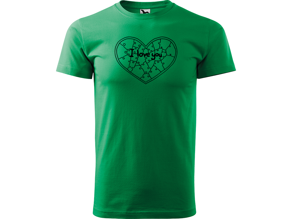 Ručně malované pánské bavlněné tričko - Puzzle Srdce Barva trička: STŘEDNĚ ZELENÁ, Velikost trička: M, Barva motivu: ČERNÁ
