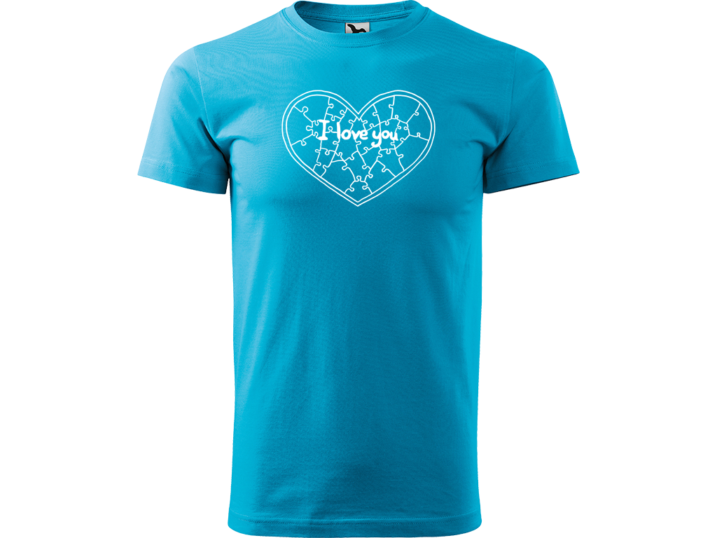 Ručně malované pánské bavlněné tričko - Puzzle Srdce Barva trička: TYRKYSOVÁ, Velikost trička: XL, Barva motivu: BÍLÁ