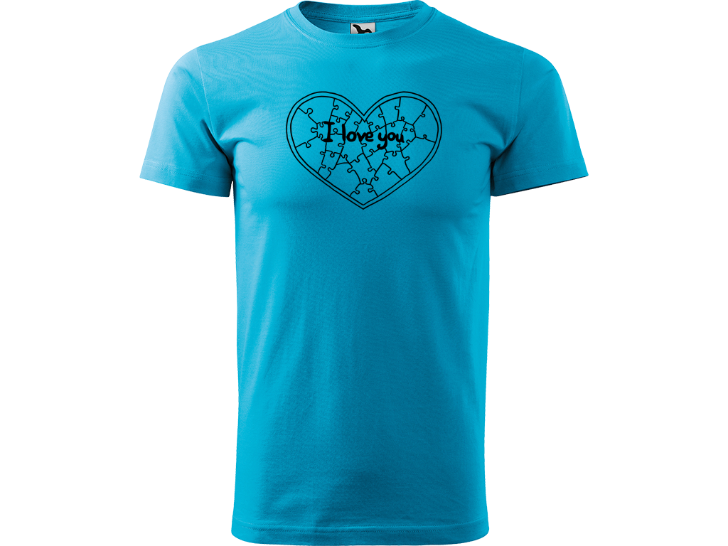 Ručně malované pánské bavlněné tričko - Puzzle Srdce Barva trička: TYRKYSOVÁ, Velikost trička: XL, Barva motivu: ČERNÁ